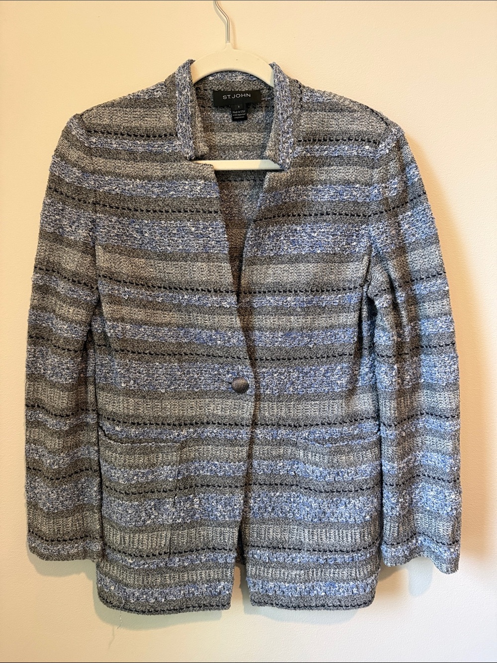 St. John Collection Striped Knit Blazer in Gray and Blue